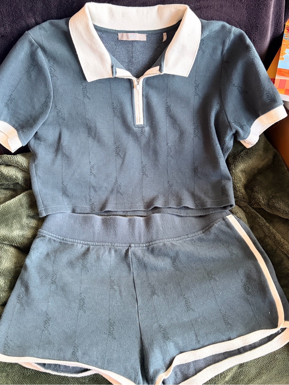 Kith Teal Knit Polo Crop Top and Shorts Set with White Trim